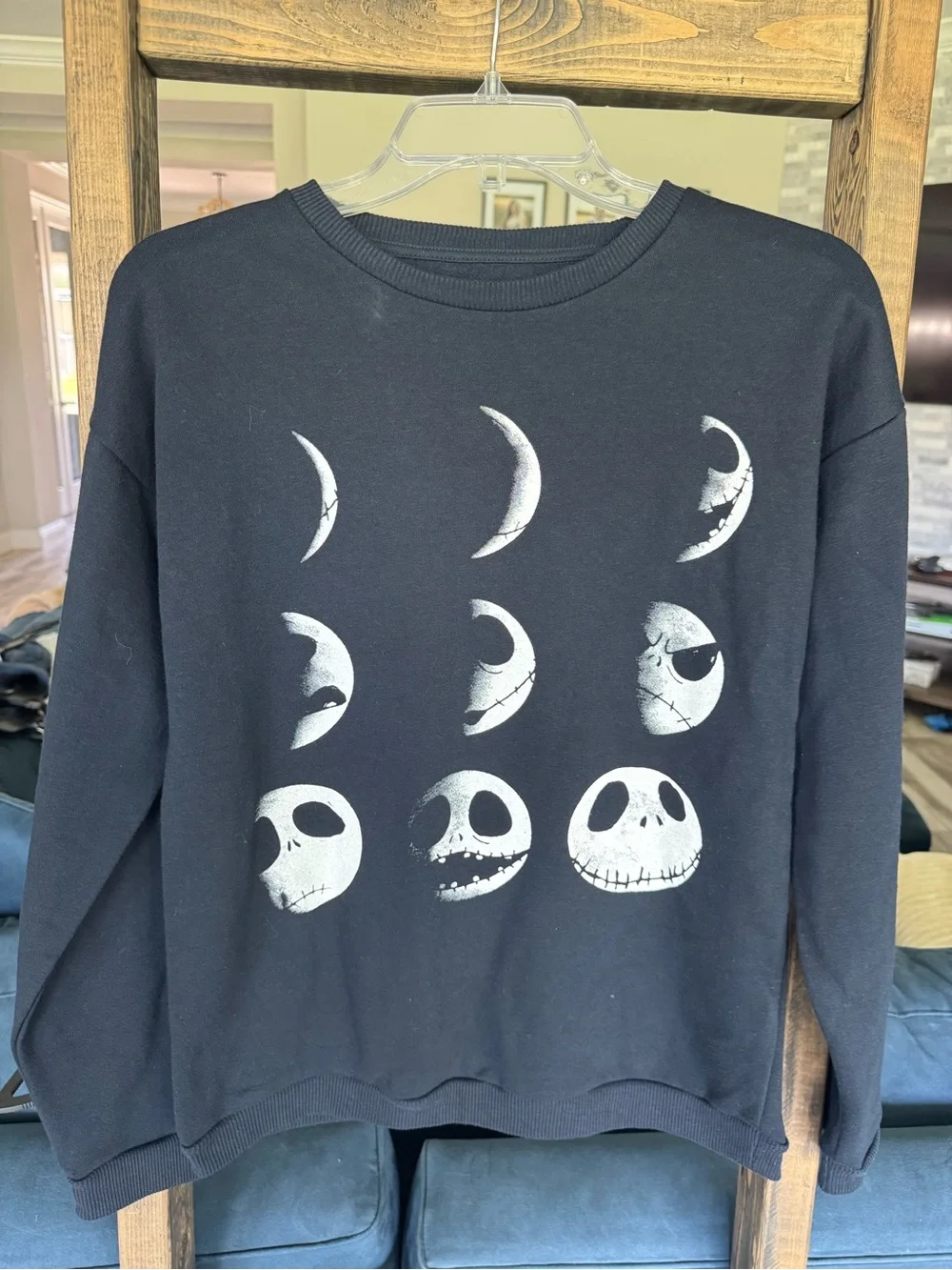 Disney Black Long Sleeve Tee with White Moon Phases & Jack Skellington Faces